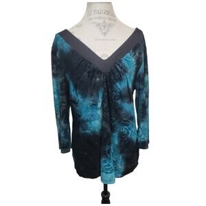 Cato Blue Black Floral Abstract Design V Cut Neck Long Sleeved Blouse Size XL